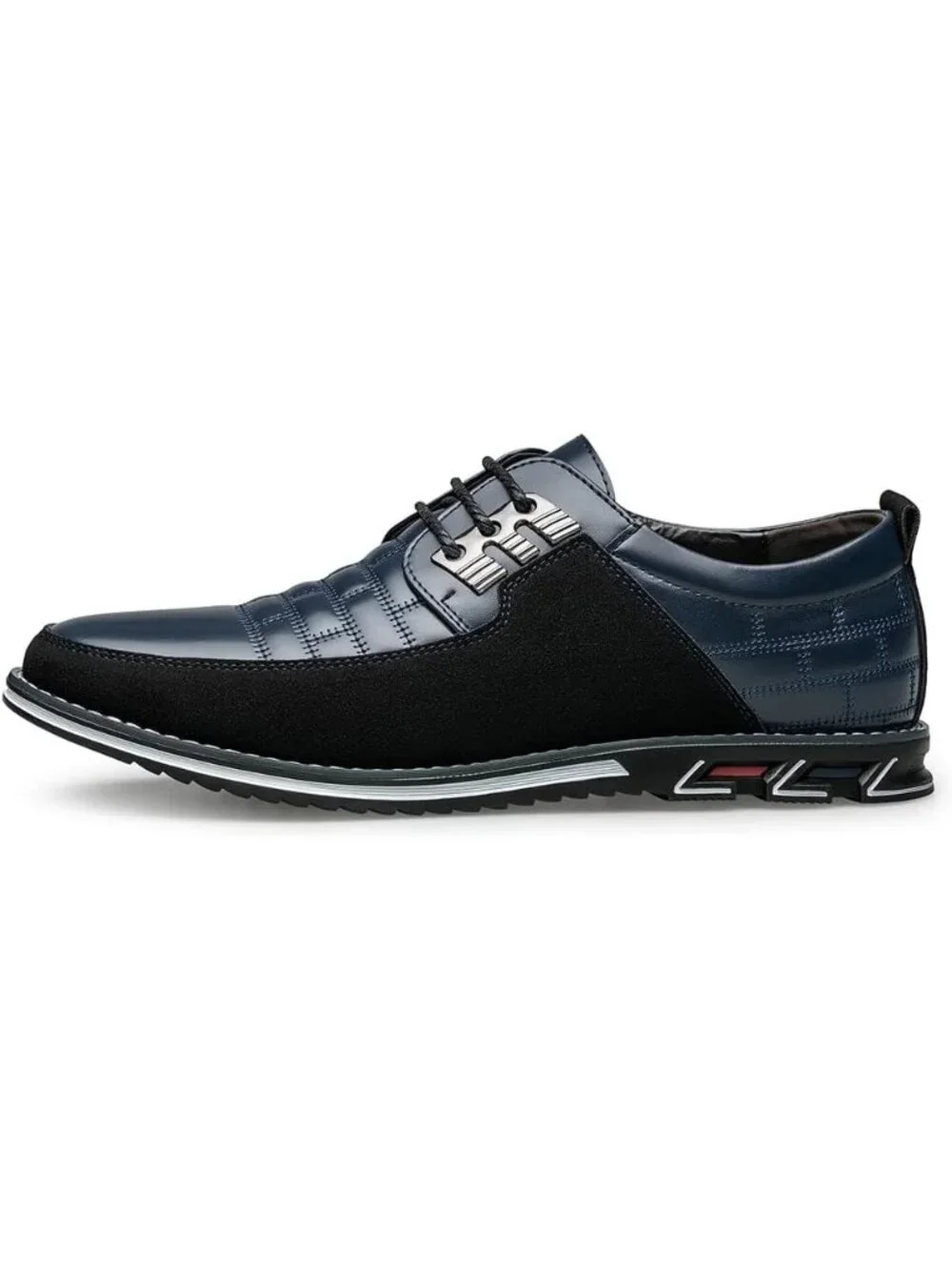 Men's Blue Leather Plaid Embossed Grid Comfortable Hybrid Oxford Dress Sneakers